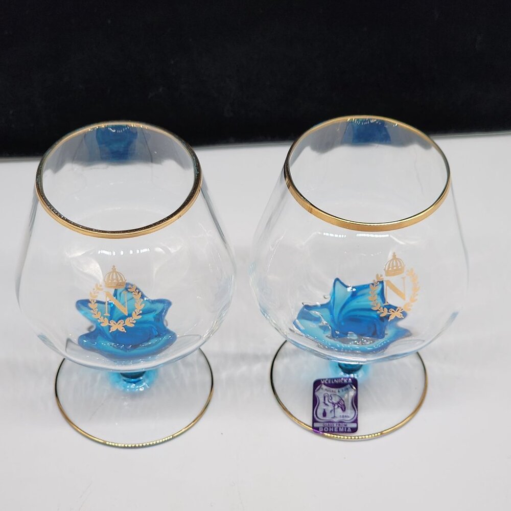 Vcelnicka Bohemia Brandy Snifter Cognac Handblown Blue Glass Gilded Crown VTG - Picture 3 of 11